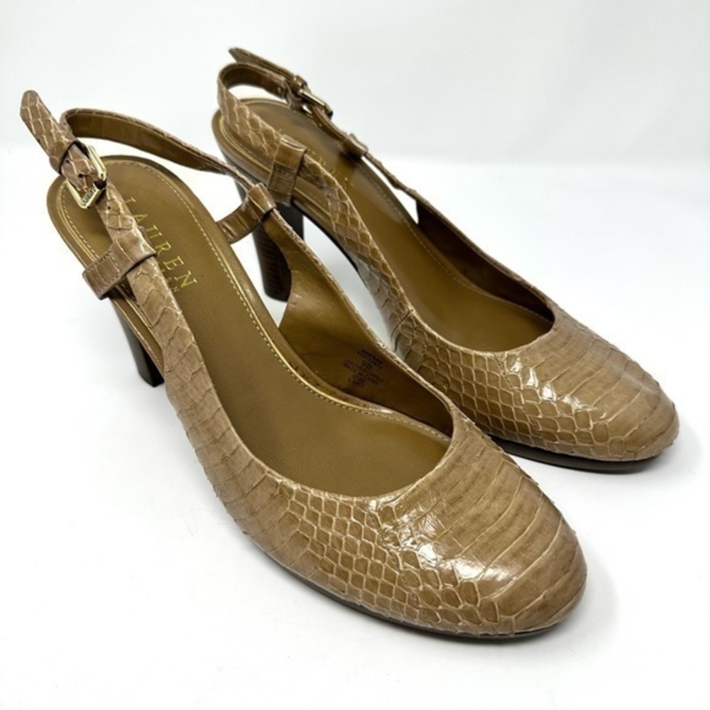Lauren Ralph‎ Lauren Maegan Tan Leather Sling Back High Heels Size 9B
